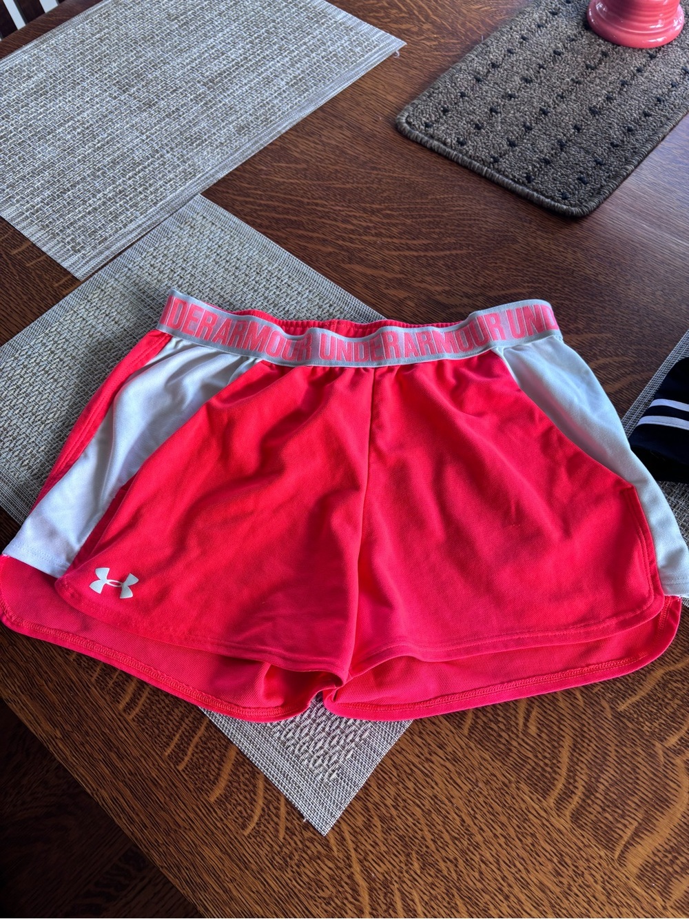 Under Armour Women's Coral Pink Athletic Shorts with Gray Panels